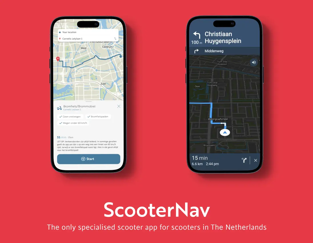 ScooterNav app showing navigation route for scooters in Amsterdam canals
