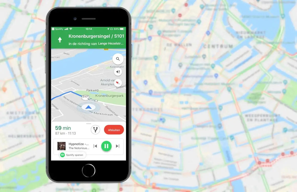 Google Maps interface met route die niet geschikt is voor bromfietsen