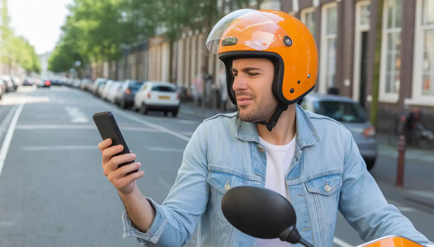 Bromfietsrijder die gefrustreerd naar zijn telefoon kijkt bij een verkeerde afslag