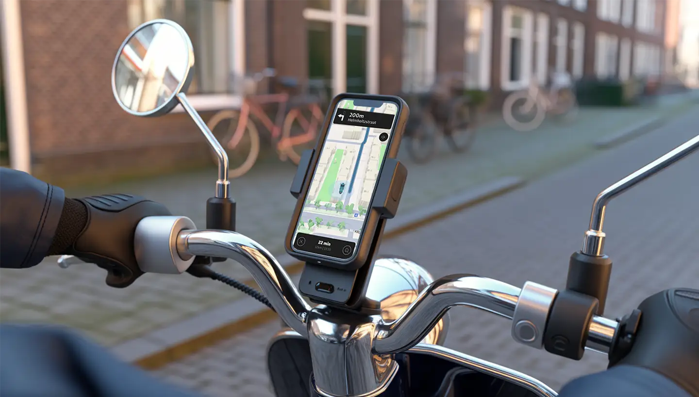 Stevige telefoonhouder gemonteerd op het stuur van een scooter met ScooterNav open